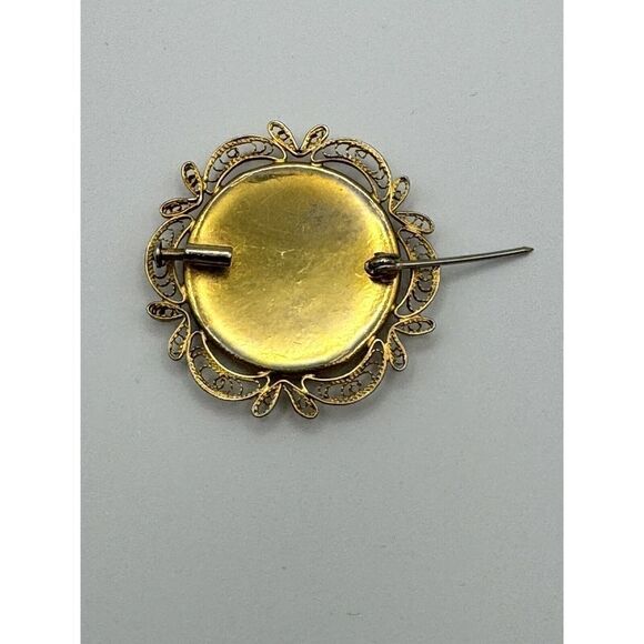 Vintage Brooch Damascene Gold Tone  Filigree Floral Bird 1.5” Pin Trombone Clasp - Picture 4 of 7